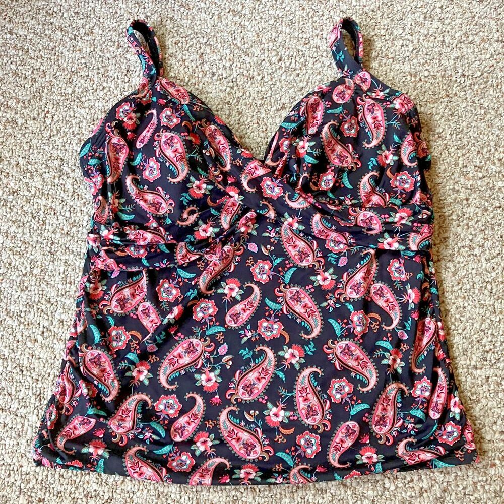 Lands End Womens Tankini Swim Top Plus Size 18 Paisley Floral Built In Bra